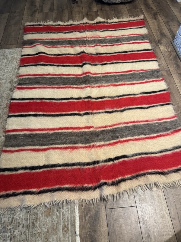 Vintage Hand Woven Striped Turkish Mohair Wool Shaggy Rug  5’x7’ Knotted Fringe