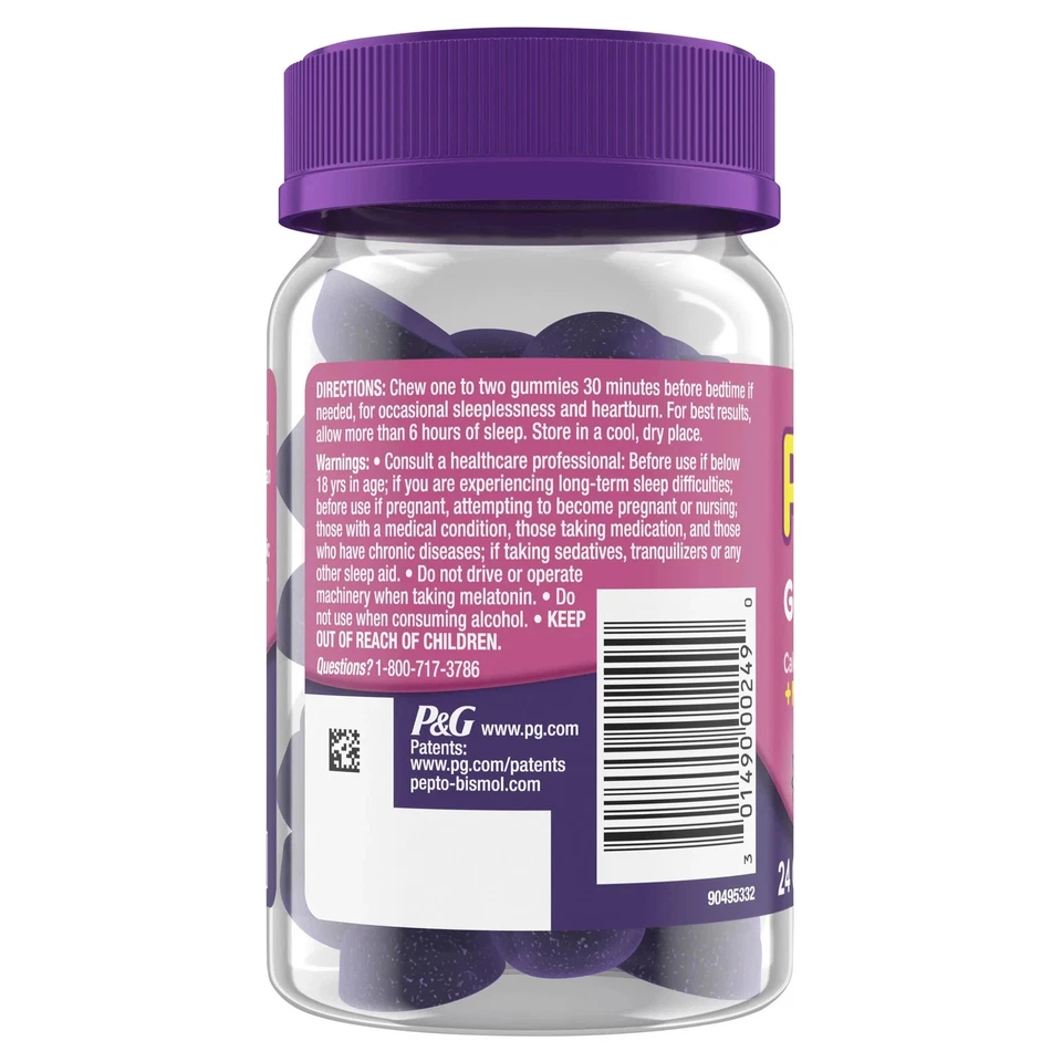 2 gomas Pepto PM com fosfato de cálcio e melatonina 24 bagas estômago e auxiliar de sono - Imagem 2 de 2