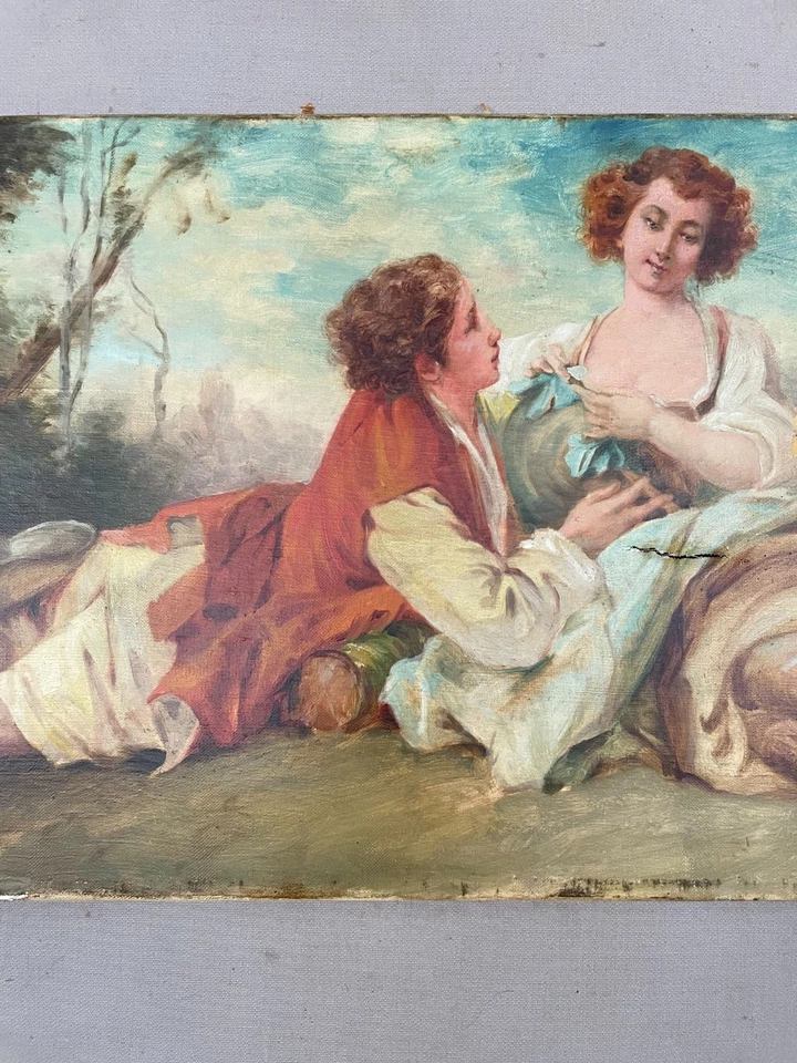 Scène galante, Huile sur toile à restaurer, Tableau ancien signé, Peinture, XIXe - Photo 4/4