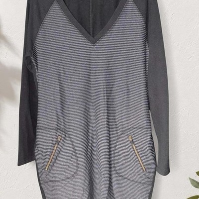 Athleta Gray Black Striped Long Sleeve Dress Zipper Pockets Athleisure Size L