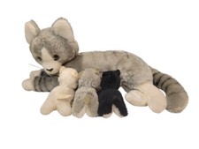 Vintage 1981 Dakin Grey Cat Mother Nursing 3 Plush Baby Kittens Stuffed Animals