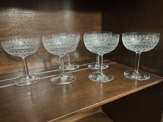 Vintage Baccarat or Fostoria Type Set of 6 Crystal Champagne Glass Etched Design
