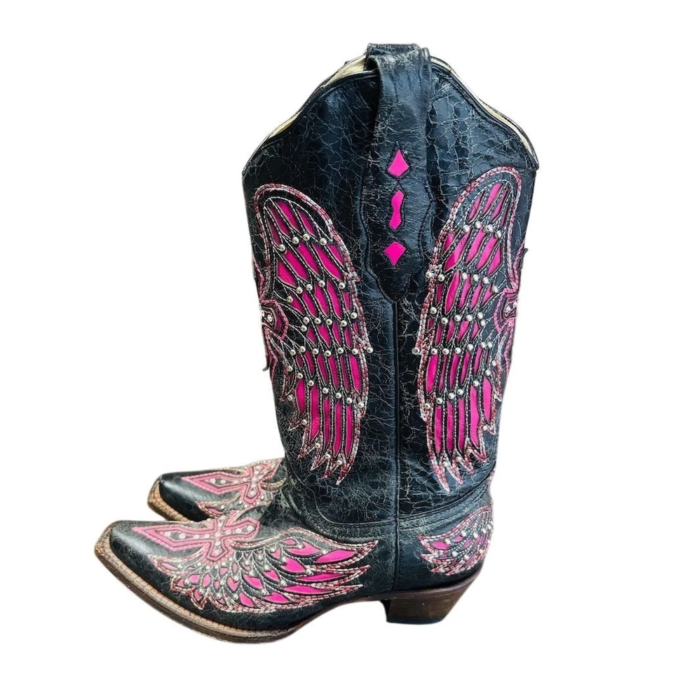 Corral Women's Black Leather Cowboy Boots Size 7 Pink Wing Cross Studs - Image 2 of 4