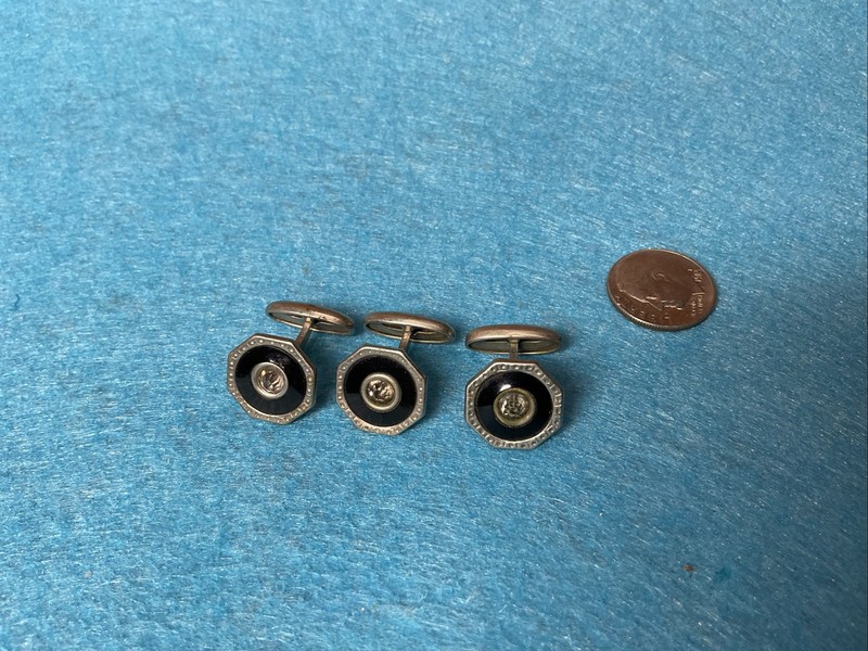 VTG MCM Silver With Black Enamel And Clear Stone Cufflinks (set Of 3)