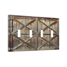 Rustic Shabby Worn Brown Wooden Barn Doors Quad Toggle Light Switch Cover Dec...