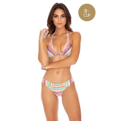 Luli Fama Womens Large Metallic Striped Halter Triangle Bikini Set Multi Color