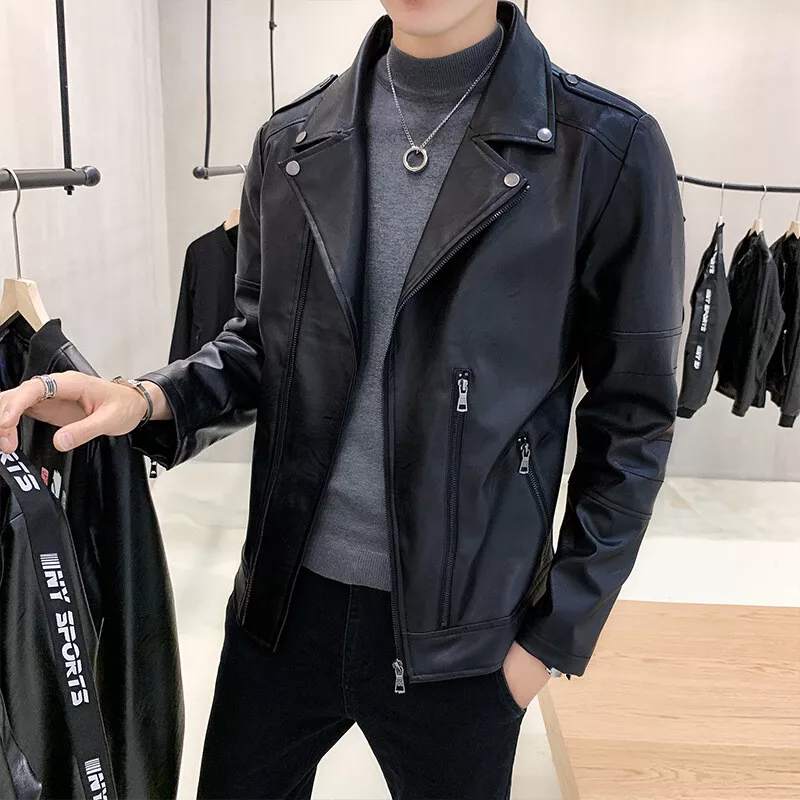 Men s Faux Leather Jacket Slim Lapel Motorcycle Jacket Zipper