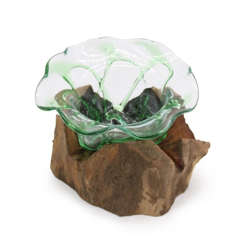 Large Molten Glass Fancy Sweet Bowl On Natural Root Wood Base - Stand Ornament - Picture 4 of 4
