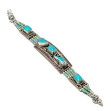 Turquoise Gemstone Bracelet Tibetan Silver Bohemian Nepali Jewelry 7" NBB 3235