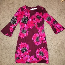 TRINA TURK Dress SHEATH Bell Sleeves FLORAL Burgundy/Pink/Red  - Sz 6  New! USA