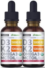 2 Pack Organic Vitamin D3 K2 Drops 5000 IU with MCT Oil Omega 3 - Maximum Str...