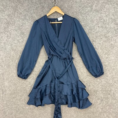 Sheike Dress Womens Size 6 Blue Satin Long Sleeve Elastic Waist A-Line 30418