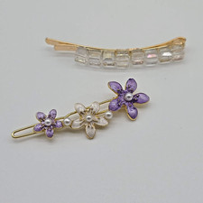 Gold Barrette  Hairpin Set White  Purple Enamel Flowers, Pearls Cubed Crystals
