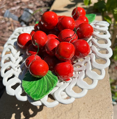 Italy Ceramic Fruit Basket Cherries White Pedestal Italian Glossy 10"x7"x4.5" - Picture 10 of 12