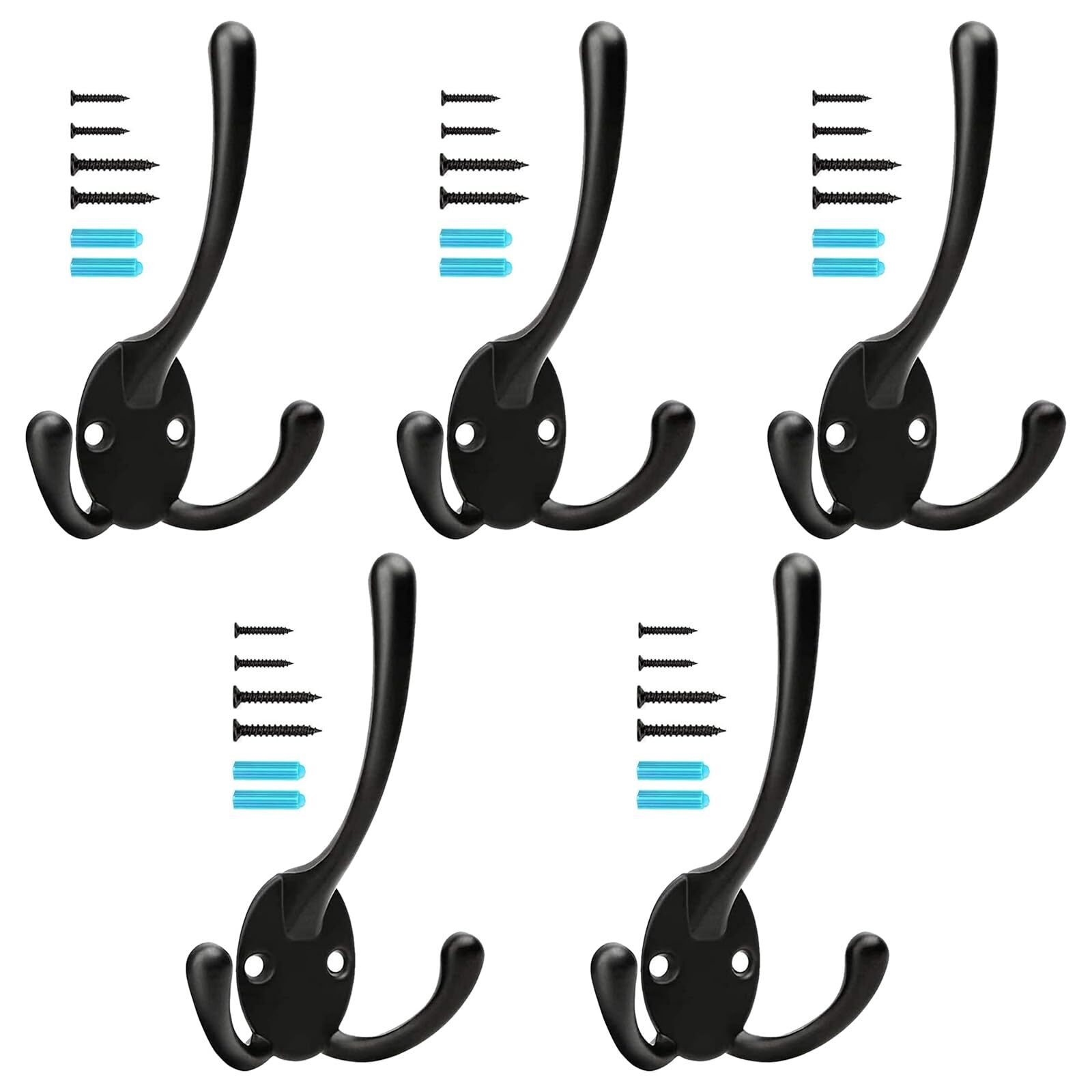 YIHATA 5 Pack Big Heavy Duty Three Prongs Coat Hooks Wall Mounted with 20 Scr...