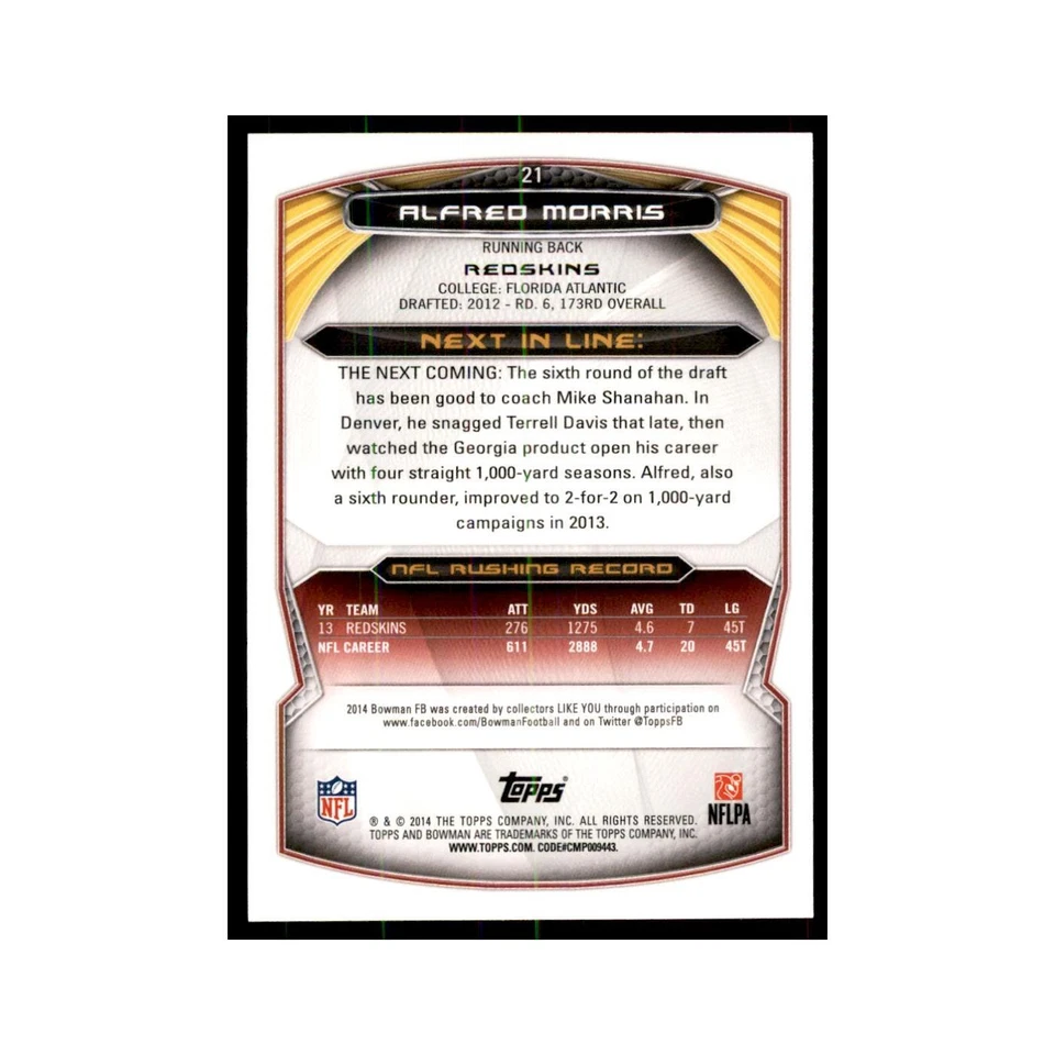 Tarjetas de fútbol americano Bowman Alfred Morris 2014 #21 Foto 2 de 3