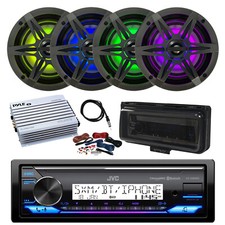 JVC Marine Receiver, Cover, 4x 6.5" LED Speakers w/Grilles, Amp, Antenna, Wire