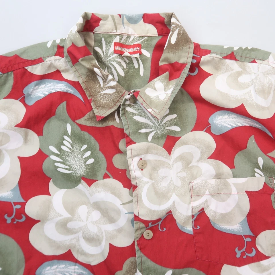 Camisa Hawaiana Unionbay Para Hombres XL Roja Floral Manga Corta Algodón Abotonada Y2K Foto 2 de 4