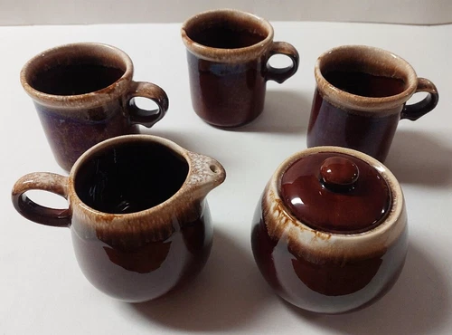 3 McCoy Brown Drip Glaze Stoneware Coffee Mugs (1412) + Sugar & Creamer Set 7020