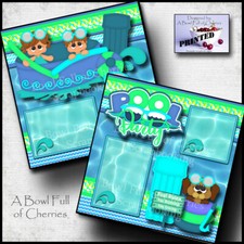 POOL PARTY  2 premade scrapbook pages boy girl SWIM printed layout CHERRY 0156