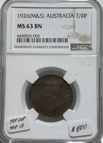 1926 (M & S) AUSTRALIA 1/2 PENNY NGC MS 63 BN TOP POP
