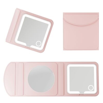 Pink PU Leather LED Travel Makeup Mirror   1X/5X/10X Magnifying Tri-Fold Pock...