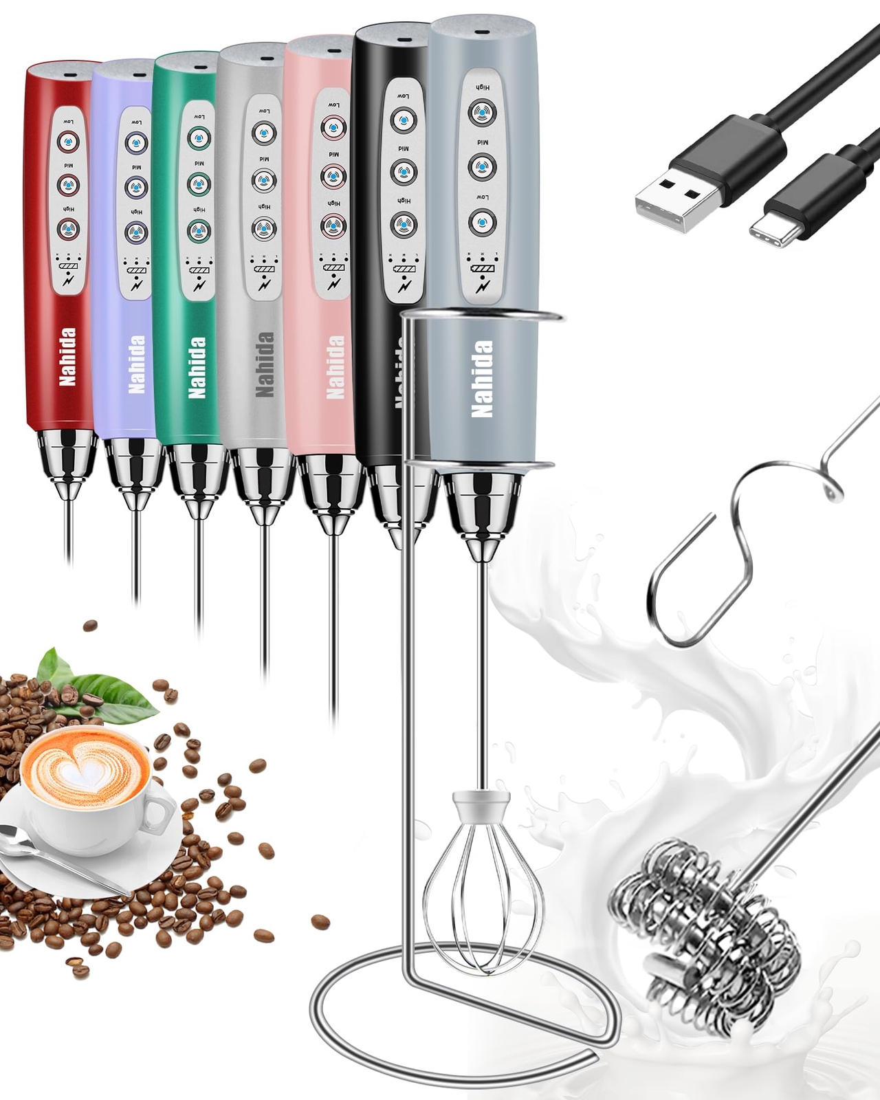 Handheld Milk Frother for Coffee with Stand， Rechargeable Drink Foam Mixer wi...