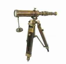 10" Antique Brass Telescope With Wooden Tripod Collectible Maritime Decor