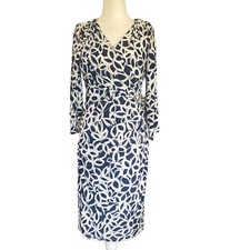 Lauren Ralph Lauren Women’s Dress 6 Navy White Faux Wrap Midi Lined Slimming