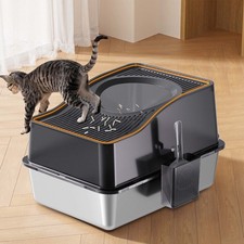 Stainless Steel Cat Litter Box with Lid, Extra Large Enclosed Litter Box w/Scoop