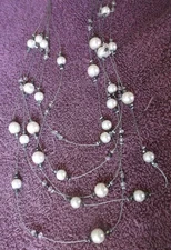 Vintage Charming Charlie Multistrand Necklace With Faux Pearls,Pink & Grey Beads