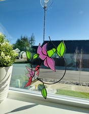 Handmade Stained Glass Hummingbird Flower Suncatcher Window Hanging. C647