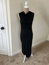 Women’s Black Cowl Sleeveless Ruched Waist Side Slit Light Cotton Blend Dress