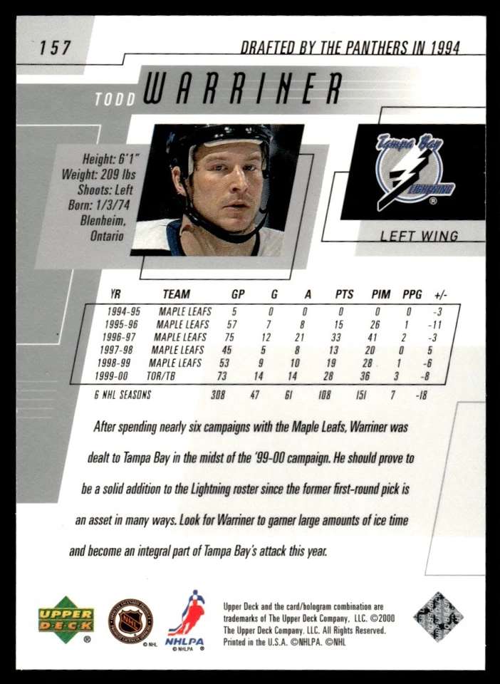 2000-01 Upper Deck Exclusives Tier 1 Todd Warriner 62/100 #157 *Noles2148* - Image 2 of 2