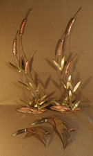 Vintage Pair Brass & Copper Cattails w 2 Flying Ducks Wall Art Decor Sculpture