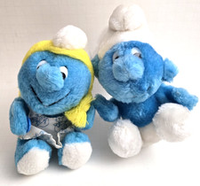 VTG 1980s Wallace Berrie Plush Smurf Smurfette Peyo 8" Stuffed Plush Figures