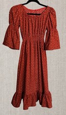 VTG Handmade 70s Red Calico Prairie Dress Smocked Waist Size Small Cottage