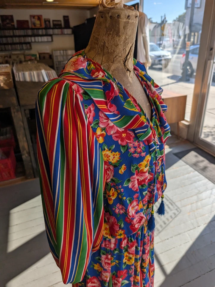 Vtg Diane Freis Dress 1980's Georgette Colorful Floral Stripe Maxi Dress M/L - Image 3 of 4