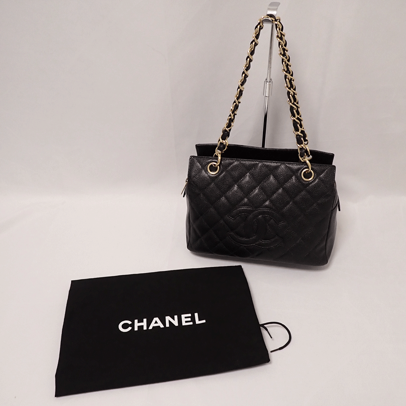 CHANEL Black Caviar Skin Matelass Chain Shoulder Tote Bag A18004