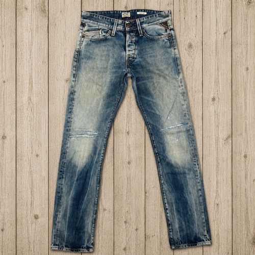 Replay Waitom Men Blue Distressed Slim Straight Jeans 28x32 M983