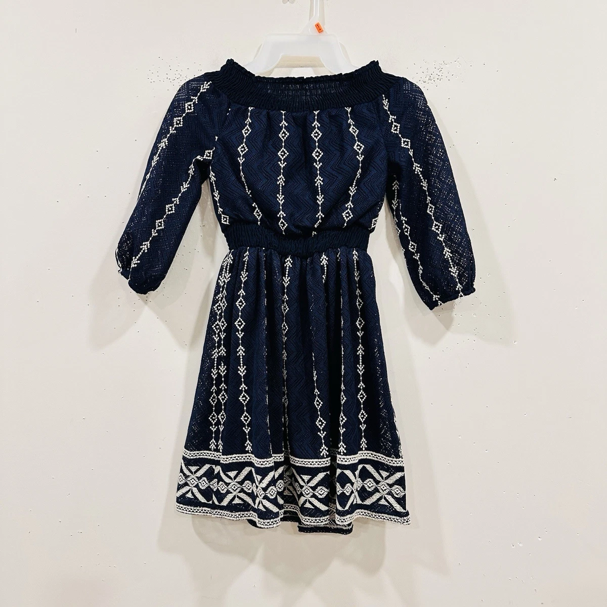 Bloome De Jeune Fille Navy Blue Embroidered Off-Shoulder Girls Dress Size 8