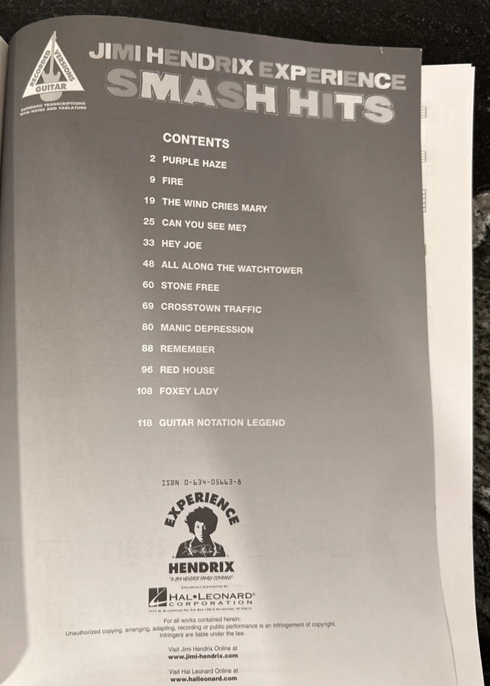 1995 Jimi Hendrix Smash Hits Guitar Tab Songbook - Image 3 of 3