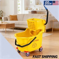Mop Bucket Set Double Bucket Side Press Wringer Rolling Wheels 32L Commercial