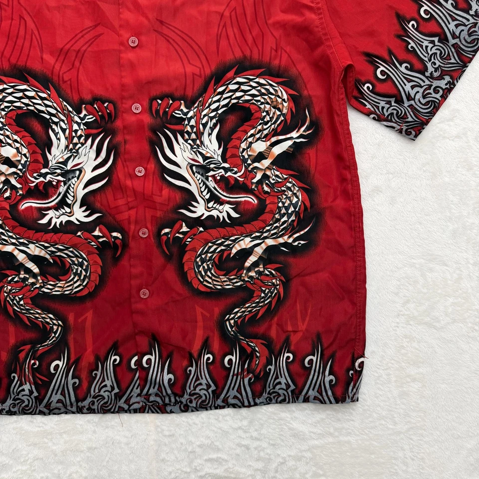 City Impact Shirt Mens Large Red Dragon Flame Graphic Button Up Front Camp - Image 4 of 4
