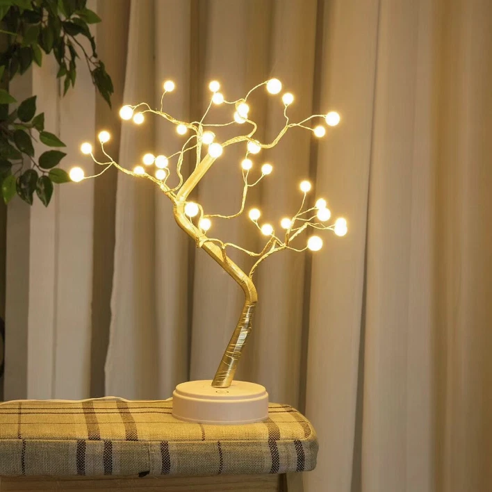 36 LED Night Light Tree Table Desk Lamp Gold Branch Battery USB Party Decor