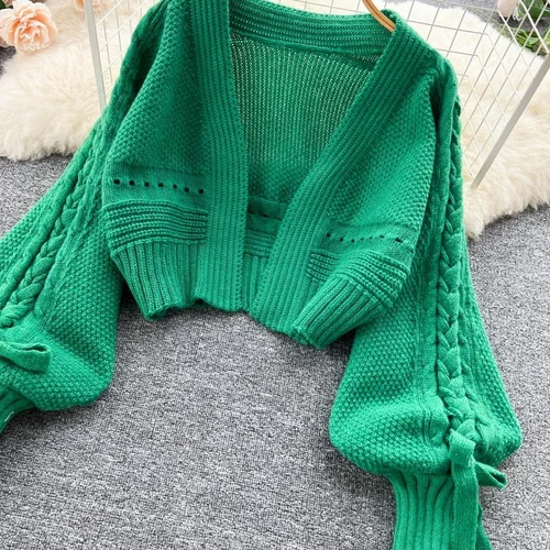 Lady Knitted Cardigan Top Coat Puff Sleeve Crop Winter Cute Casual Sweater Sweet - Imagen 8 de 19