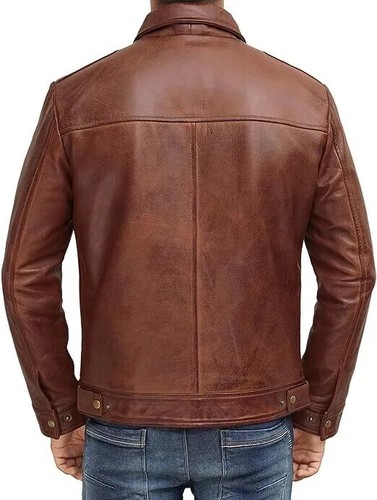 Chaqueta de cuero suave de piel de cordero pura marrón para hombre hecha a mano elegante informal motociclista - Imagen 2 de 7