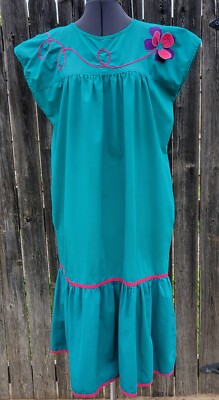 Elisabeth Blair House Dress Maxi 3D Flower Vintage Loungewear Pink Teal 