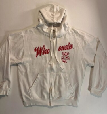 University of Wisconsin Hoodie Large White Full-Zip Bucky Badger Retro Look 