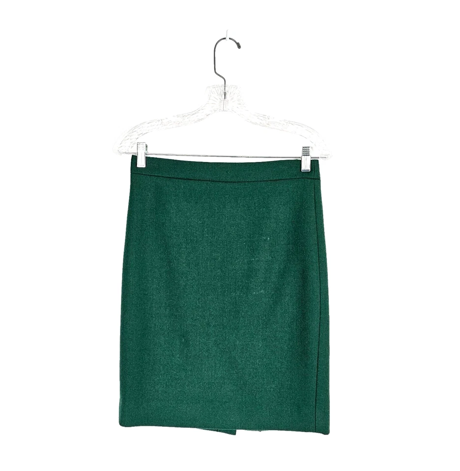 J Crew No 2 Pencil Women's 2P Green 100% Wool Lined Back Zip Slit Knee Skirt